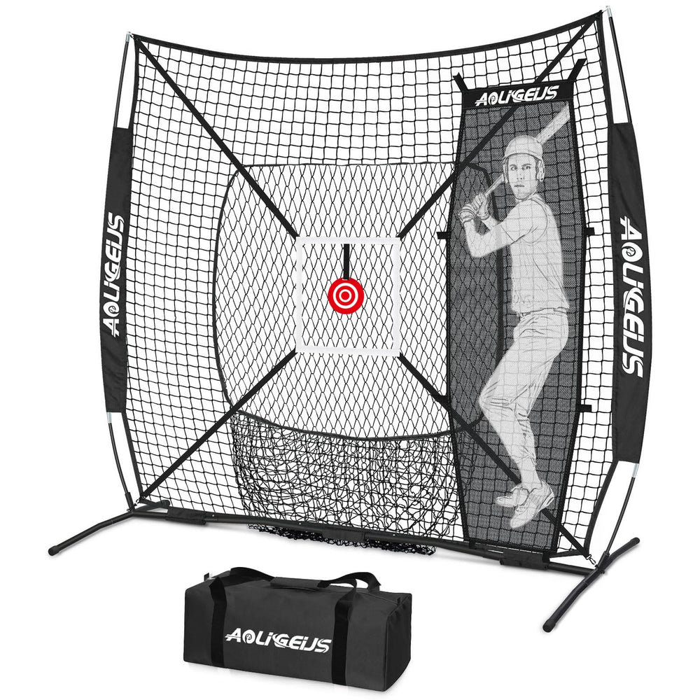 AOLIGEIJS front view practice net showing full frame and portability benefits