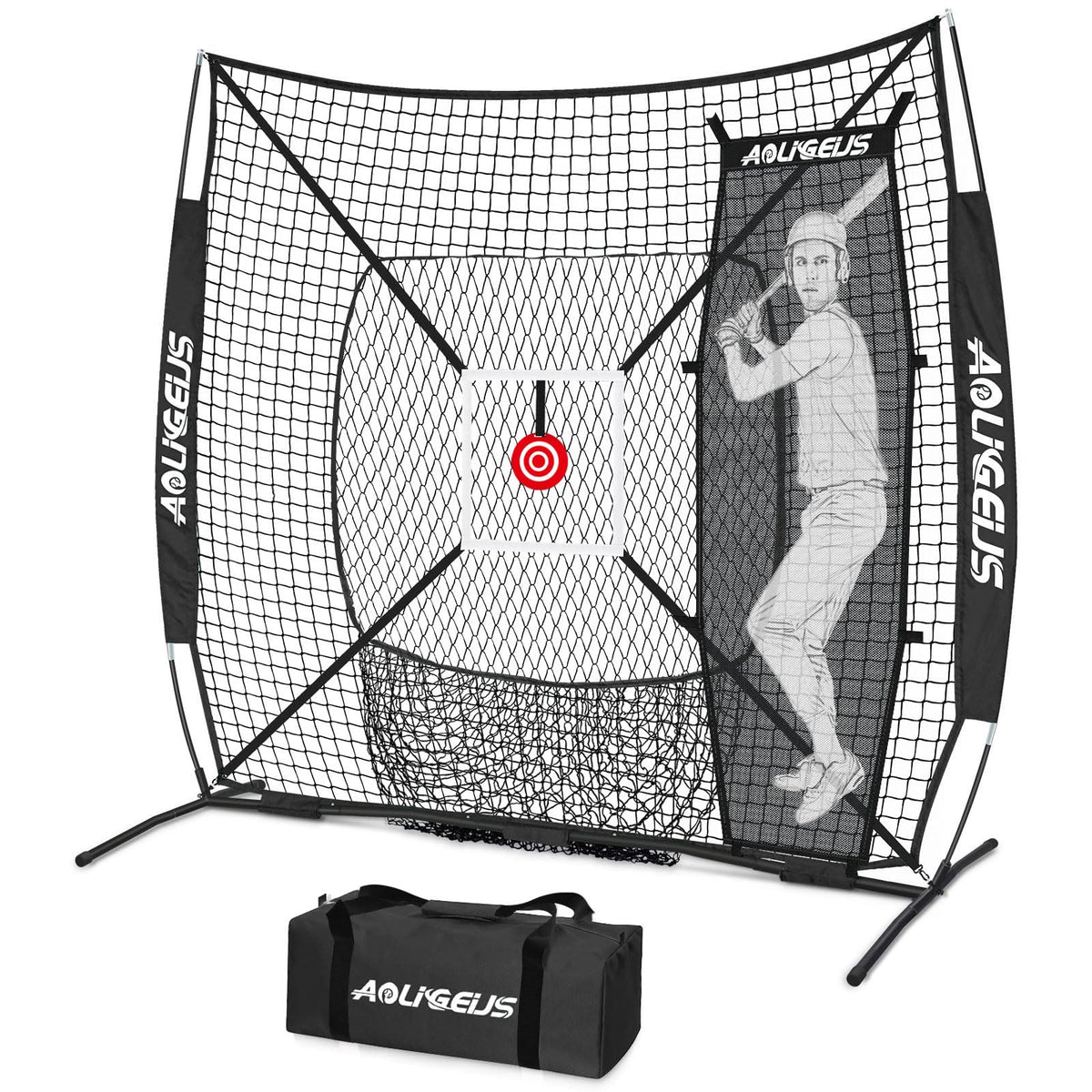 AOLIGEIJS front view practice net showing full frame and portability benefits