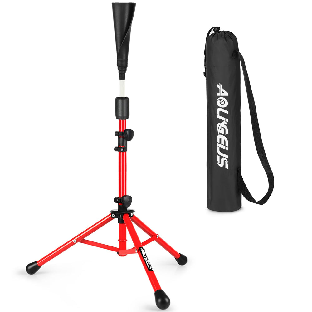 AOLIGEIJS front view of batting tee showing full stand and profile benefit durability