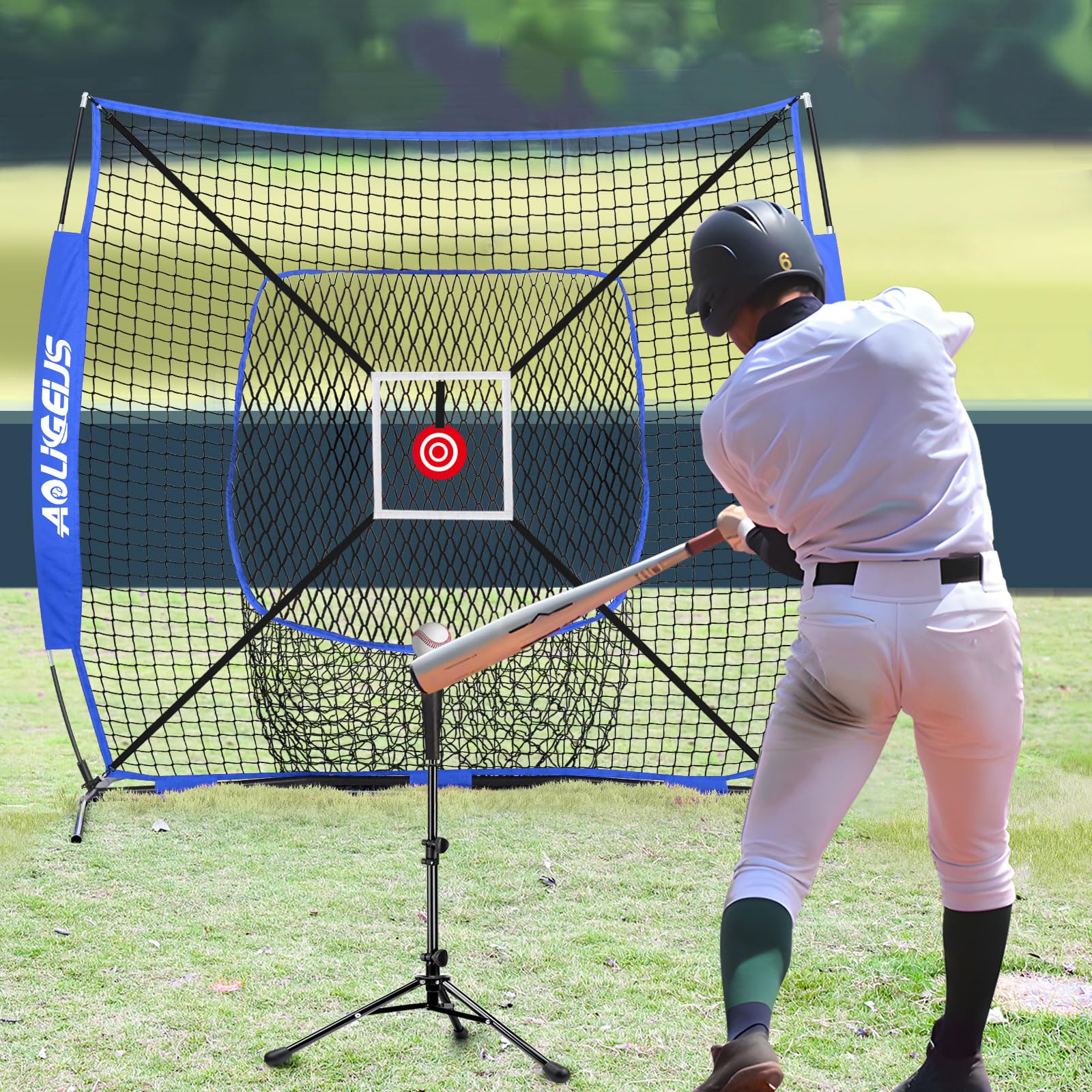 AOLIGEIJS player hitting into net during outdoor batting practice for realistic drills