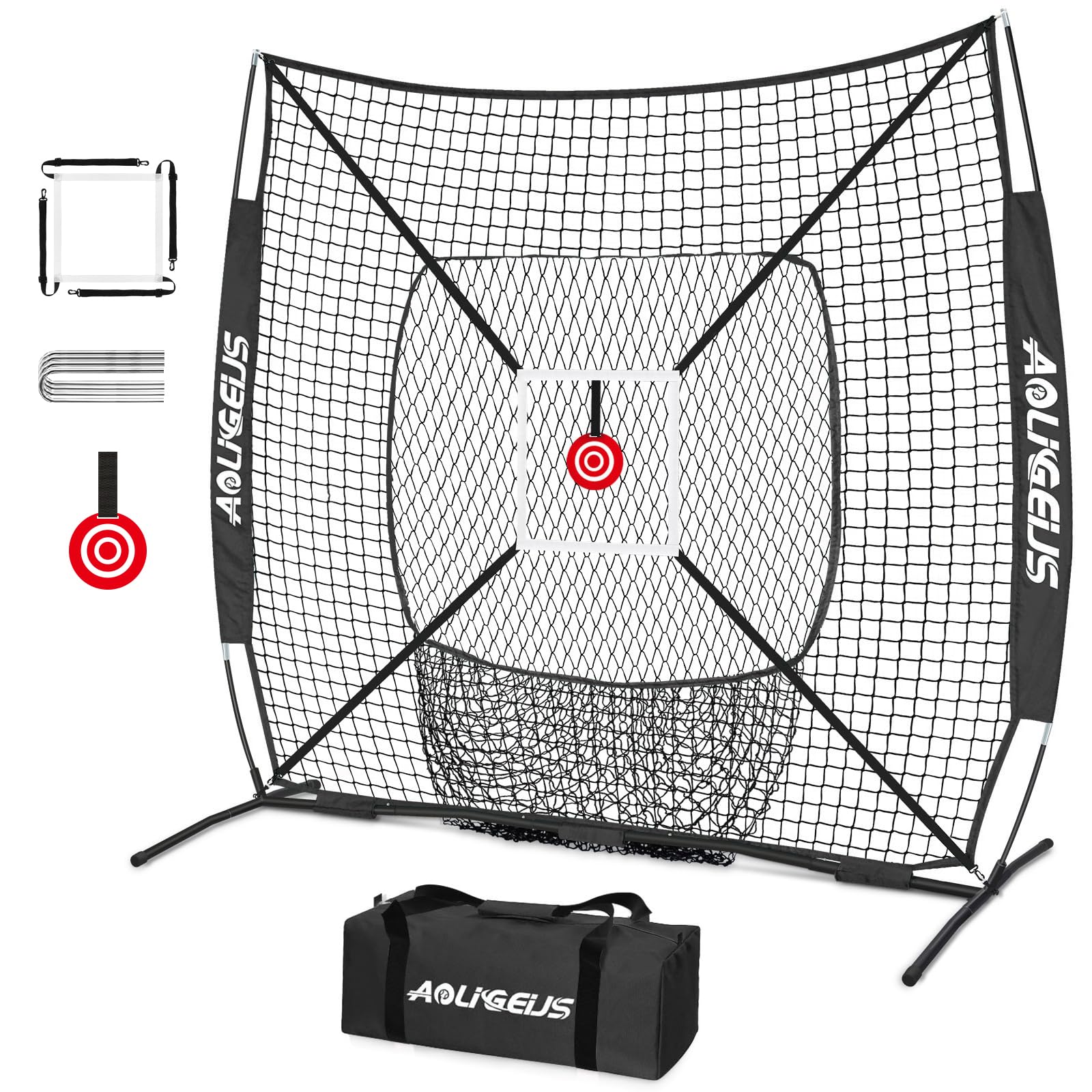 AOLIGEIJS front view of 6x6 practice net showing full frame and stability benefit