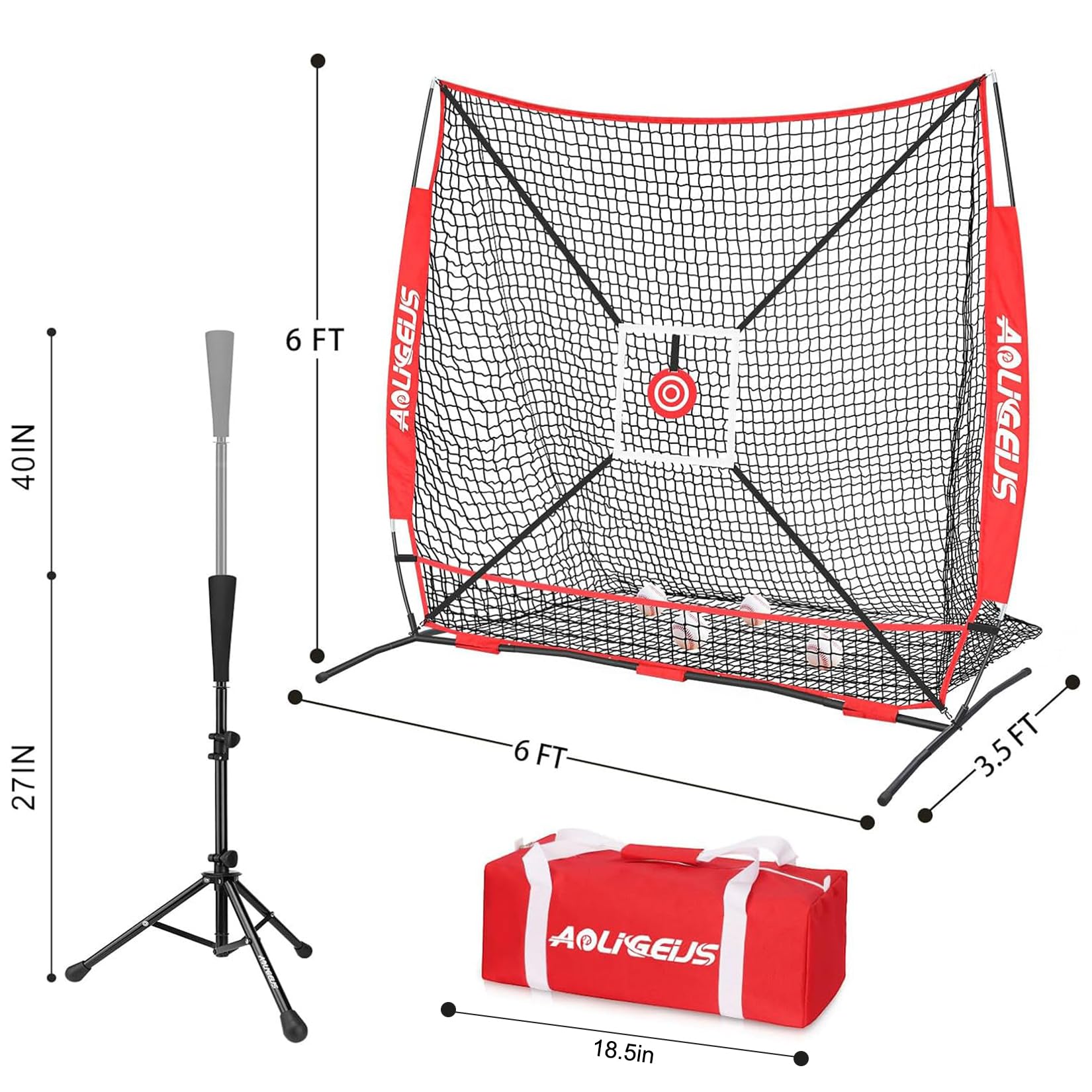 AOLIGEIJS net next to baseball bat showing 6x6 size scale and portable footprint