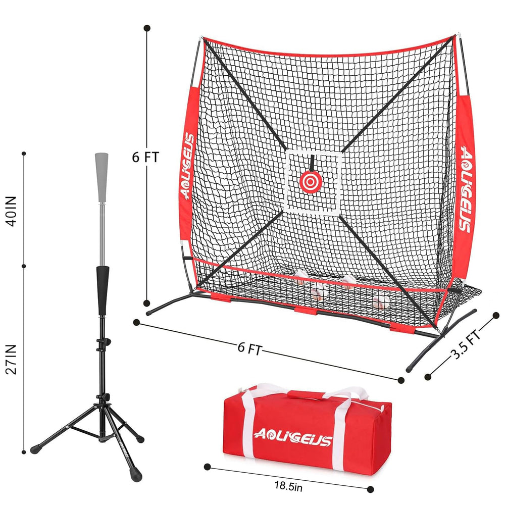 AOLIGEIJS net next to baseball bat showing 6x6 size scale and portable footprint