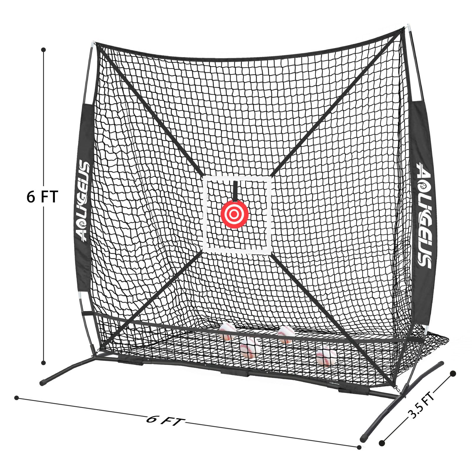 AOLIGEIJS net next to baseball bat for scale showing true 6x6 size