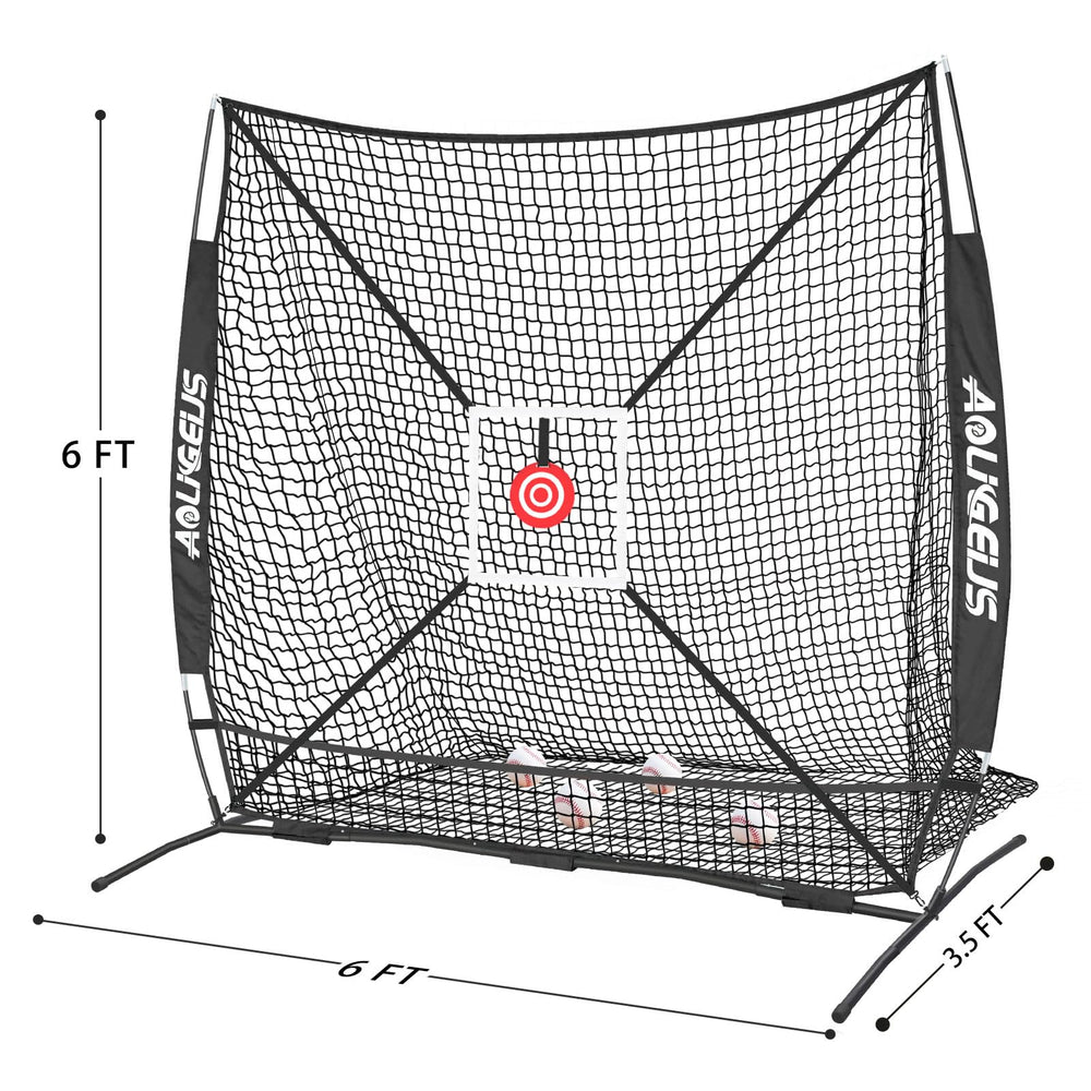 AOLIGEIJS net next to baseball bat for scale showing true 6x6 size