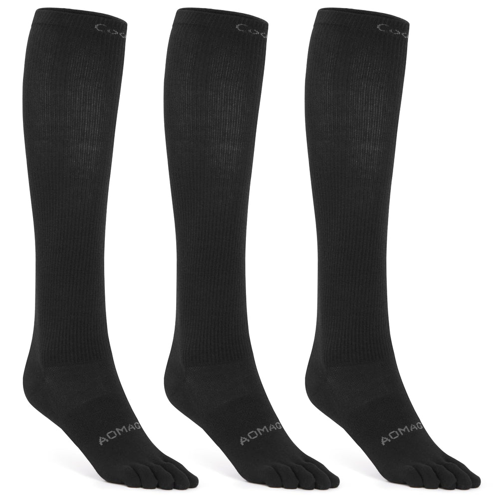 aomagic front view of knee-high black 5-finger socks showing packaging and design benefit breathable comfort