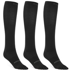 aomagic front view of knee-high black 5-finger socks showing packaging and design benefit breathable comfort