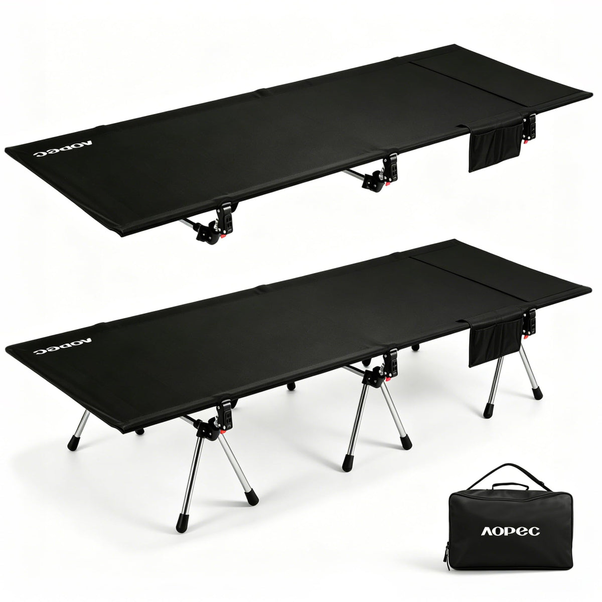 AOPEC cot front view showing full-length bed and sturdy frame for comfortable sleep