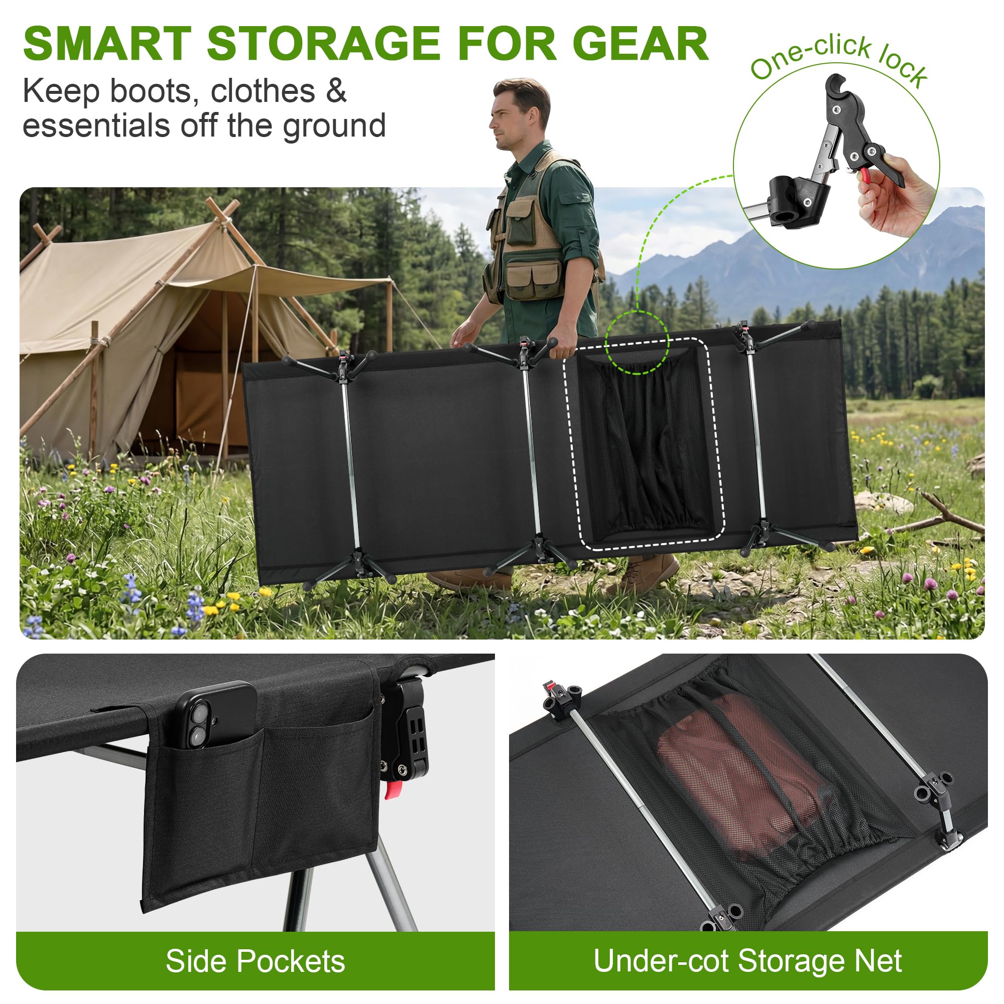 AOPEC cot lowered in low mode fitting inside small tent for stable sleeping