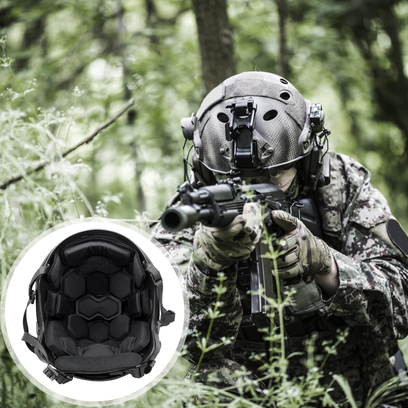 AOUTACC airsoft player wearing helmet with pads for improved stability
