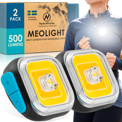 Apace Vision Meolight front packaging showing compact wearable safety light and features
