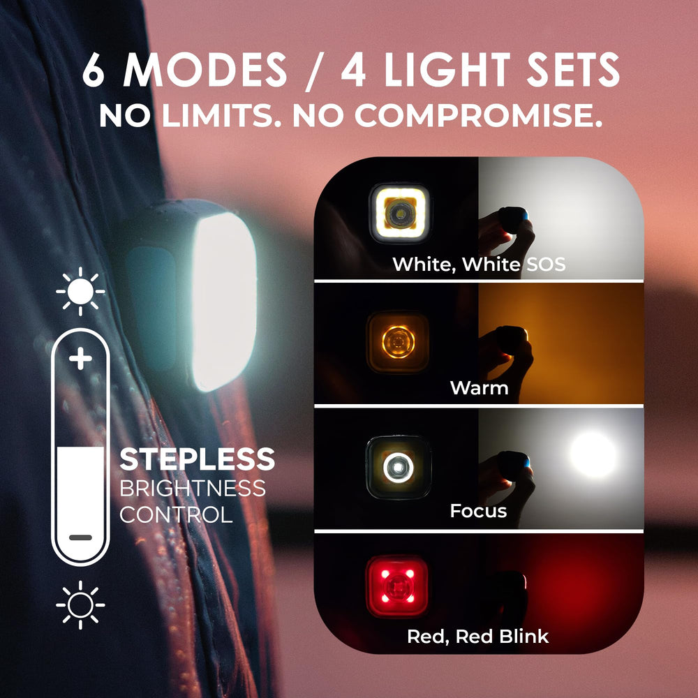 Apace Vision Meolight clipped to jacket chest improving runner visibility and hands-free lighting