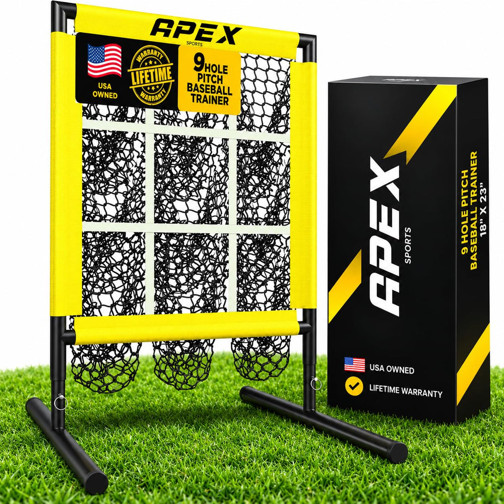 Apex Sports front view of pitching net showing nine-hole strike zone for precise practice