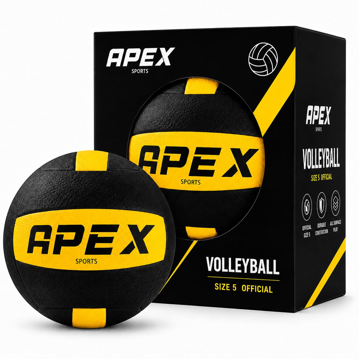 Apex Sports front view of black yellow volleyball showing official design and bold visibility