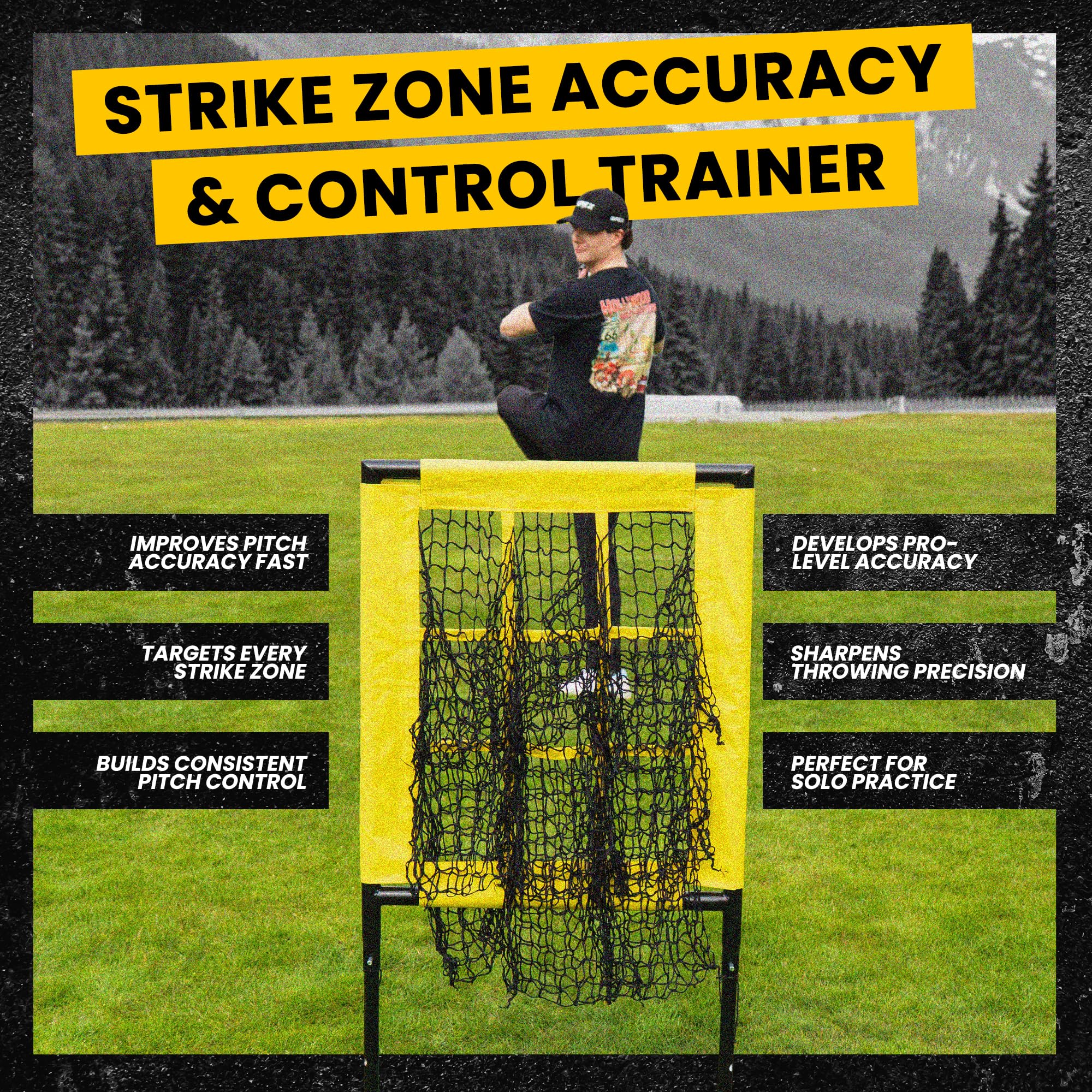 Apex Sports net beside baseballs for scale to show 18 by 23 inch strike target
