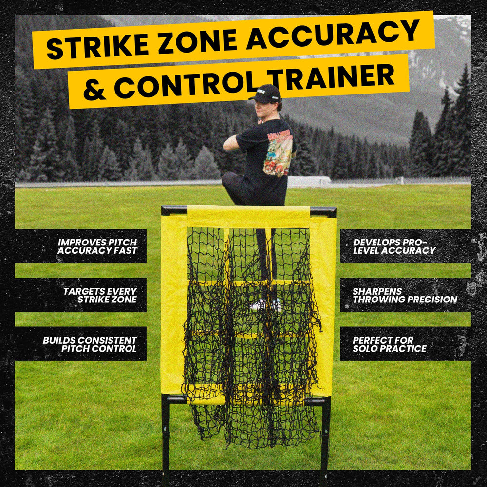 Apex Sports net beside baseballs for scale to show 18 by 23 inch strike target