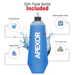 APEXOR bottle pocket holding a soft flask for easy hydration access