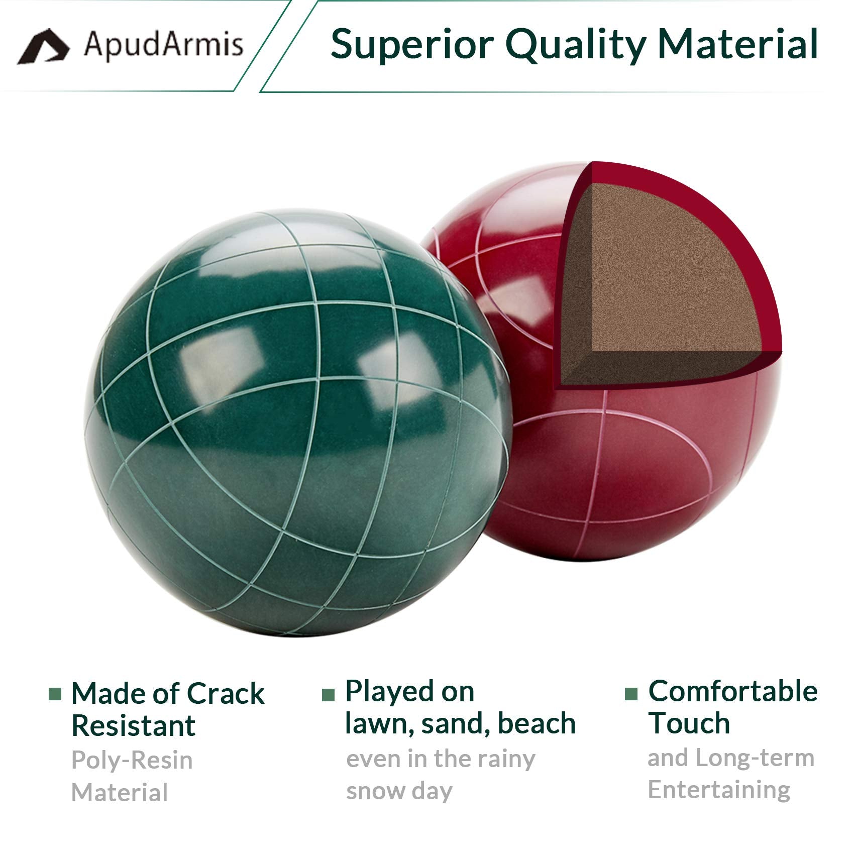 ApudArmis close-up showing carved patterns on polyresin bocce ball for grip and identification
