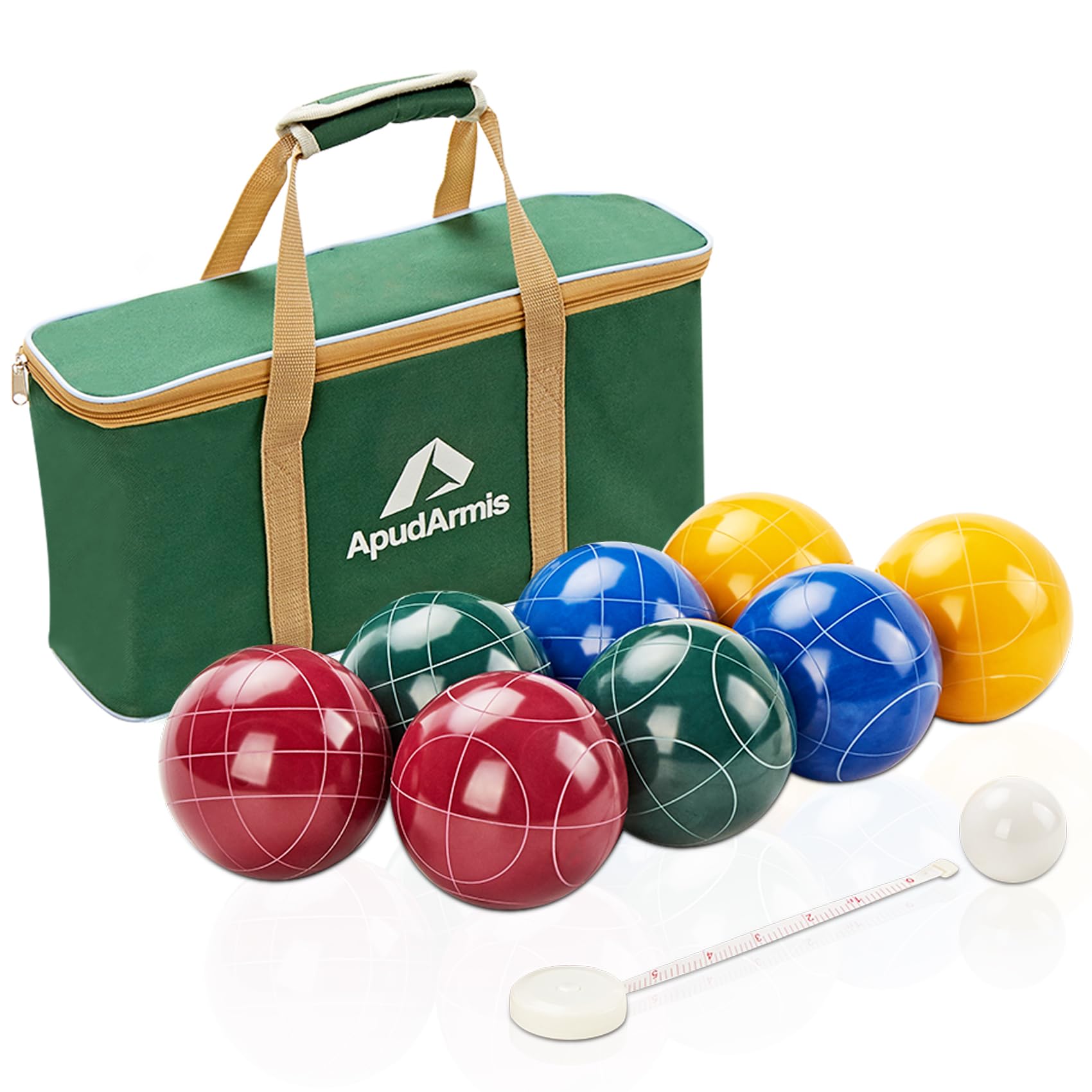 ApudArmis front view of full bocce set showing organized carry bag and balls for easy transport