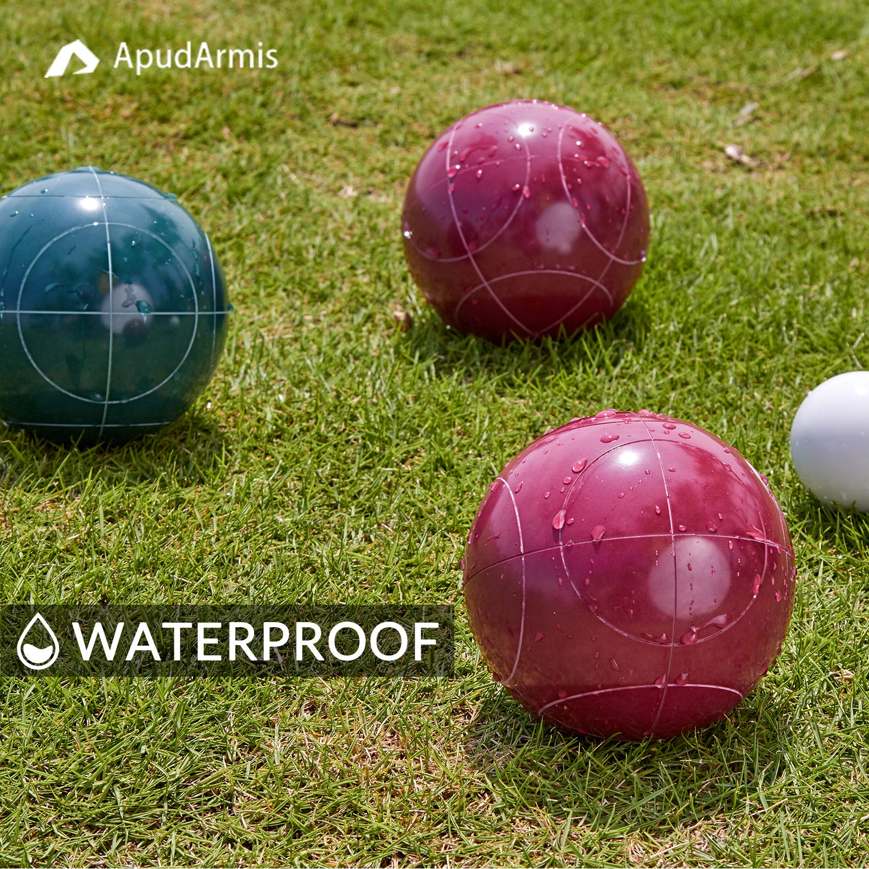 ApudArmis hand holding a 100mm bocce ball to show size and comfortable grip for players