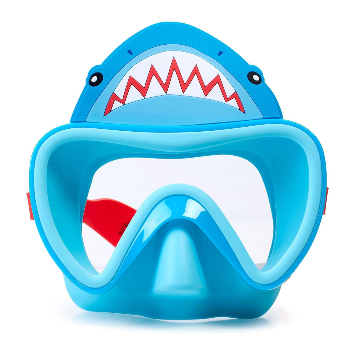 Aqua2ude shark head mask front view showing playful design and secure fit