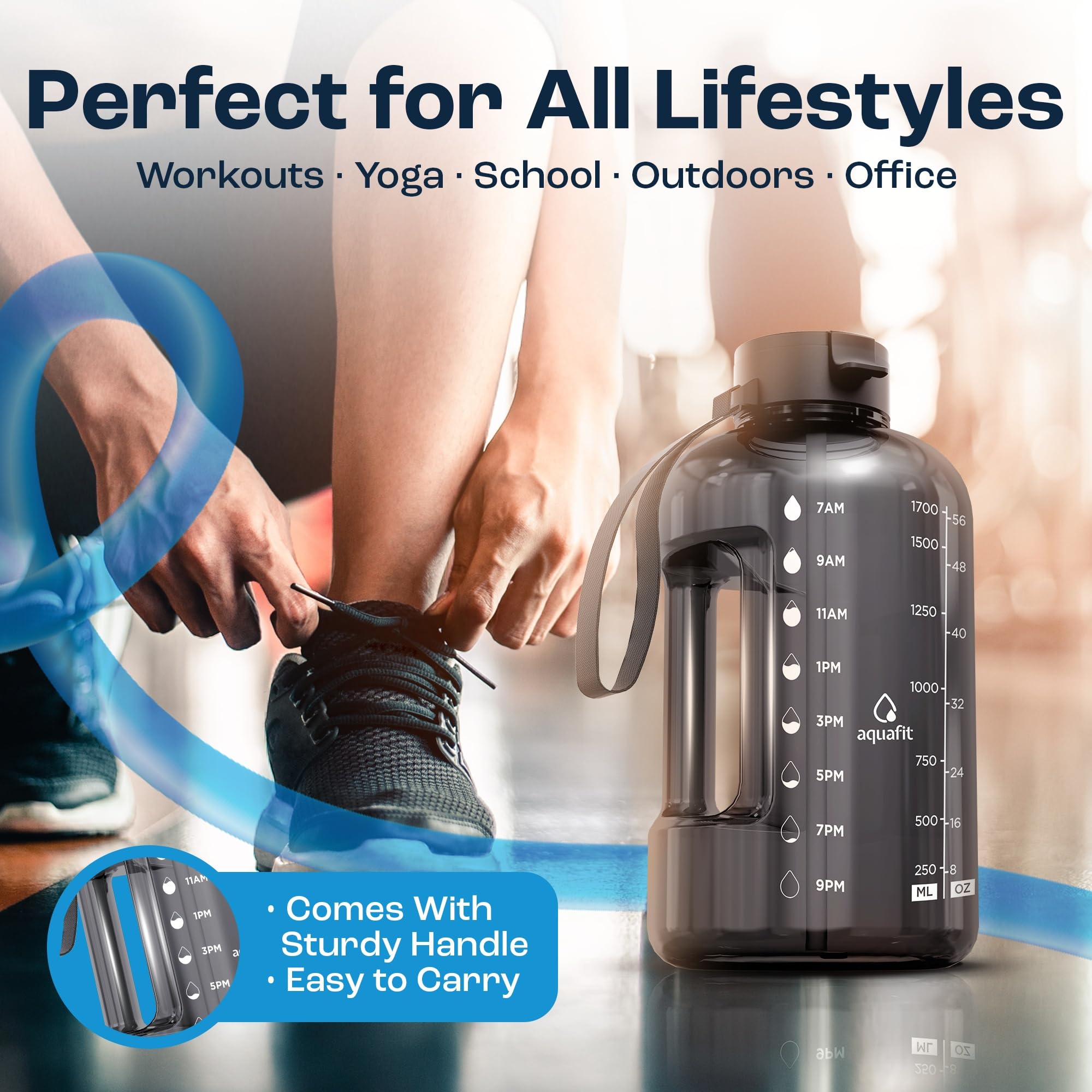 AQUAFIT bottle using carrying strap for hands-free portability