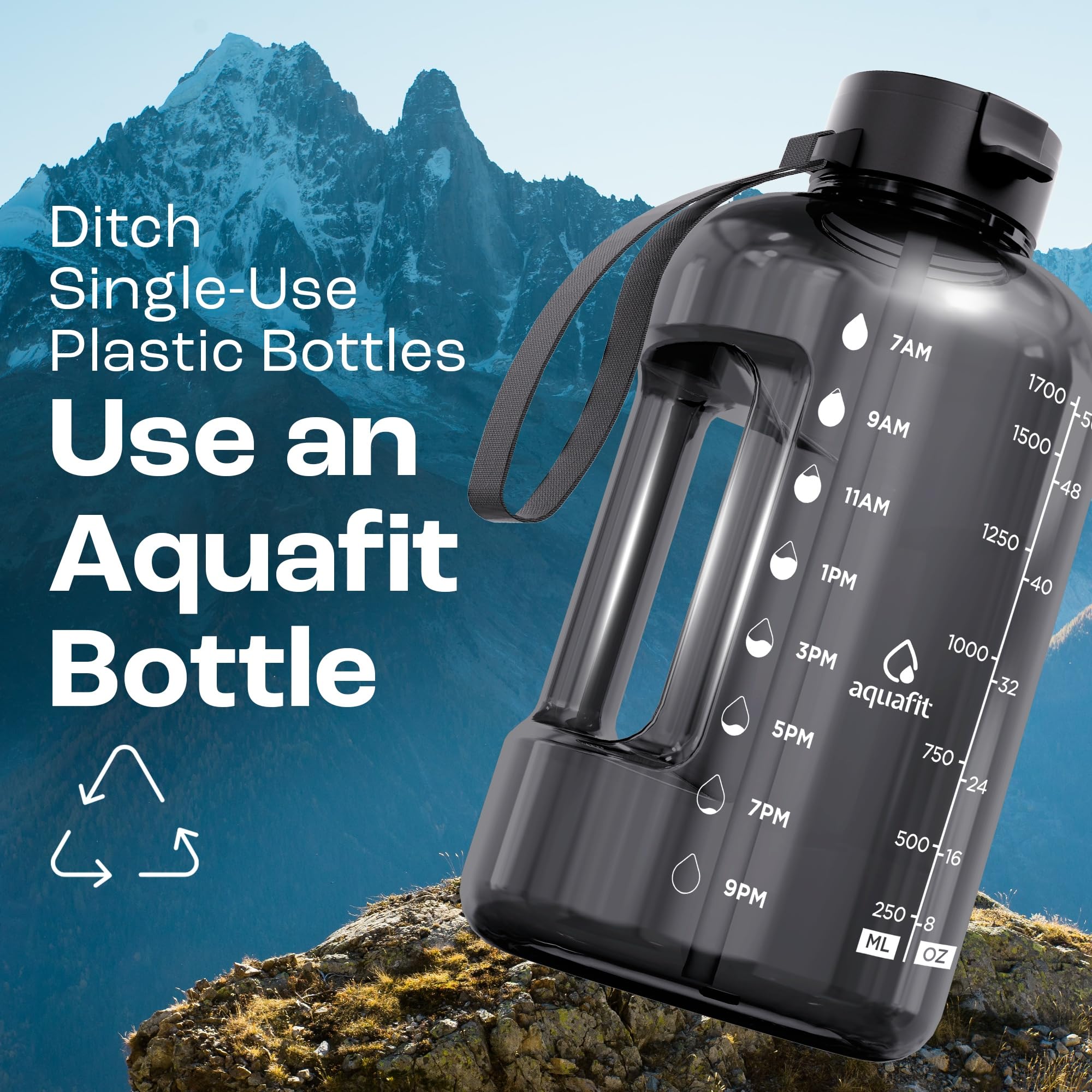 AQUAFIT next to a water glass to show 64 oz size and capacity
