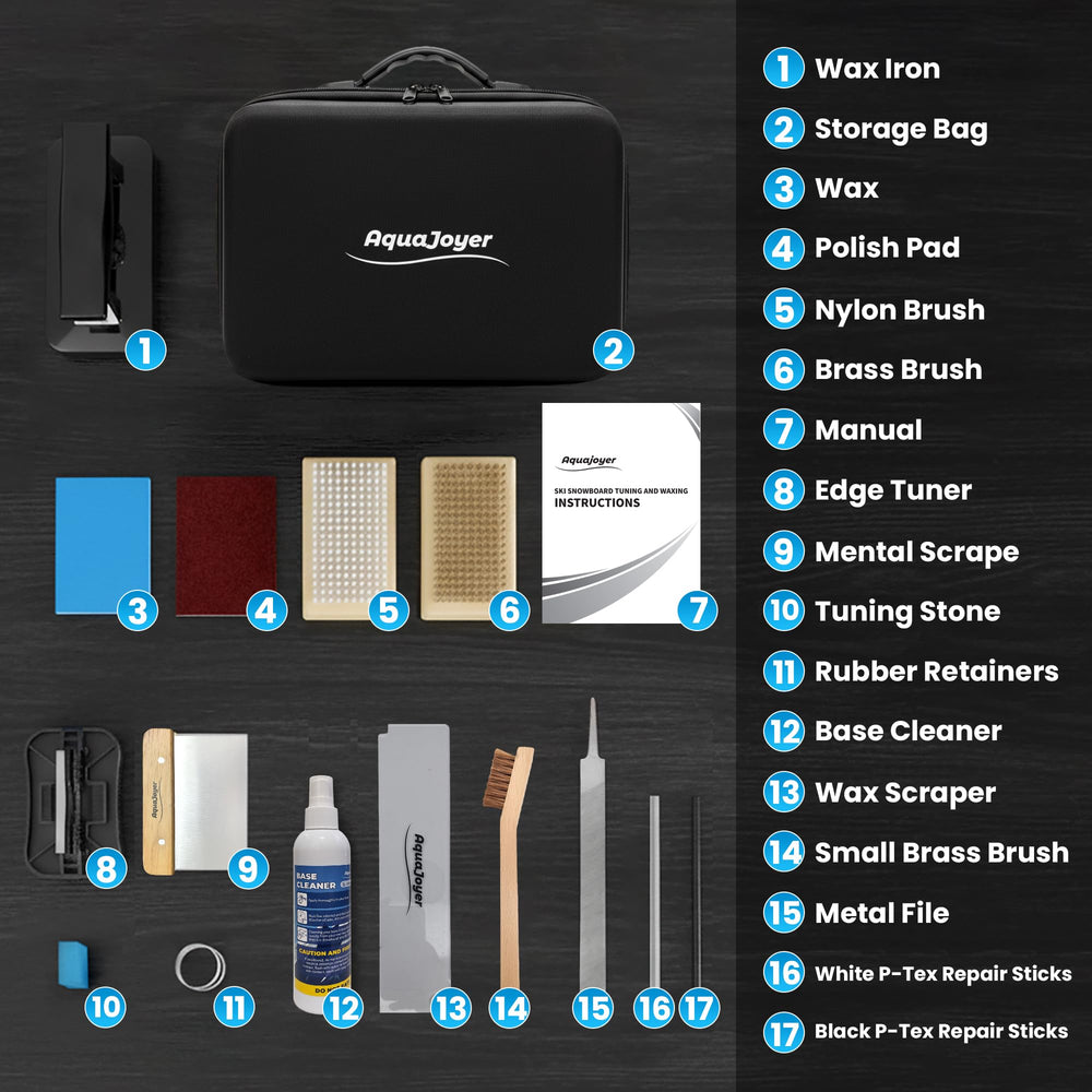 AquaJoyer kit beside a ski for scale to highlight portability and full toolset