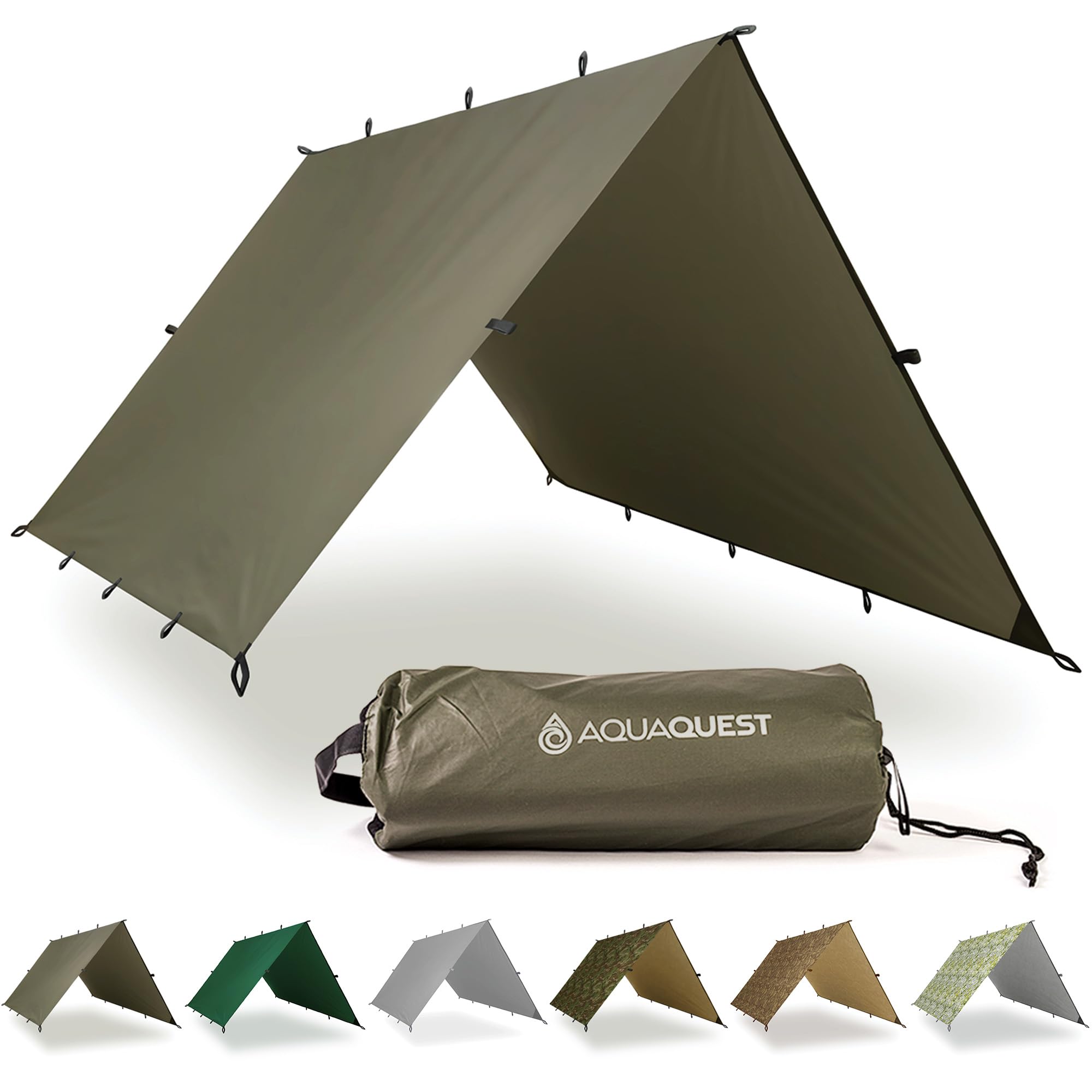 AquaQuest front view of olive drab tarp showing full coverage and quick pitch benefit