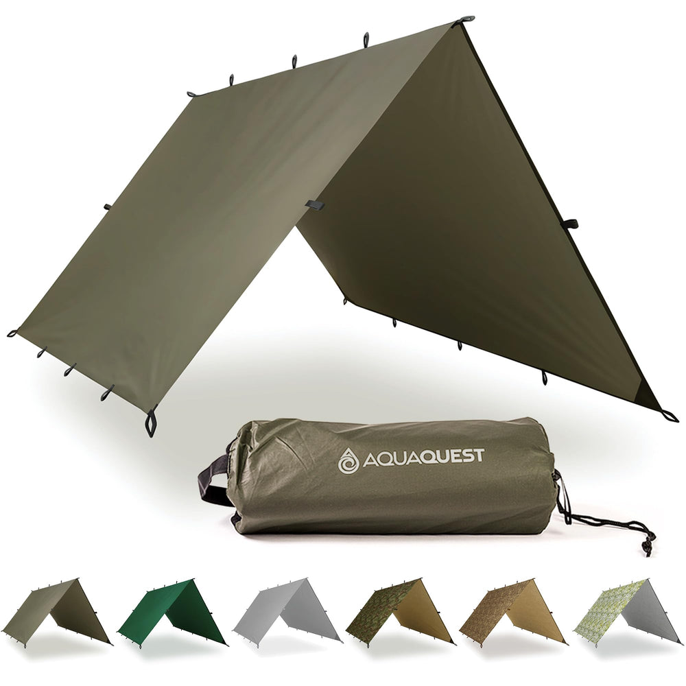 AquaQuest front view of olive drab tarp showing full coverage and quick pitch benefit