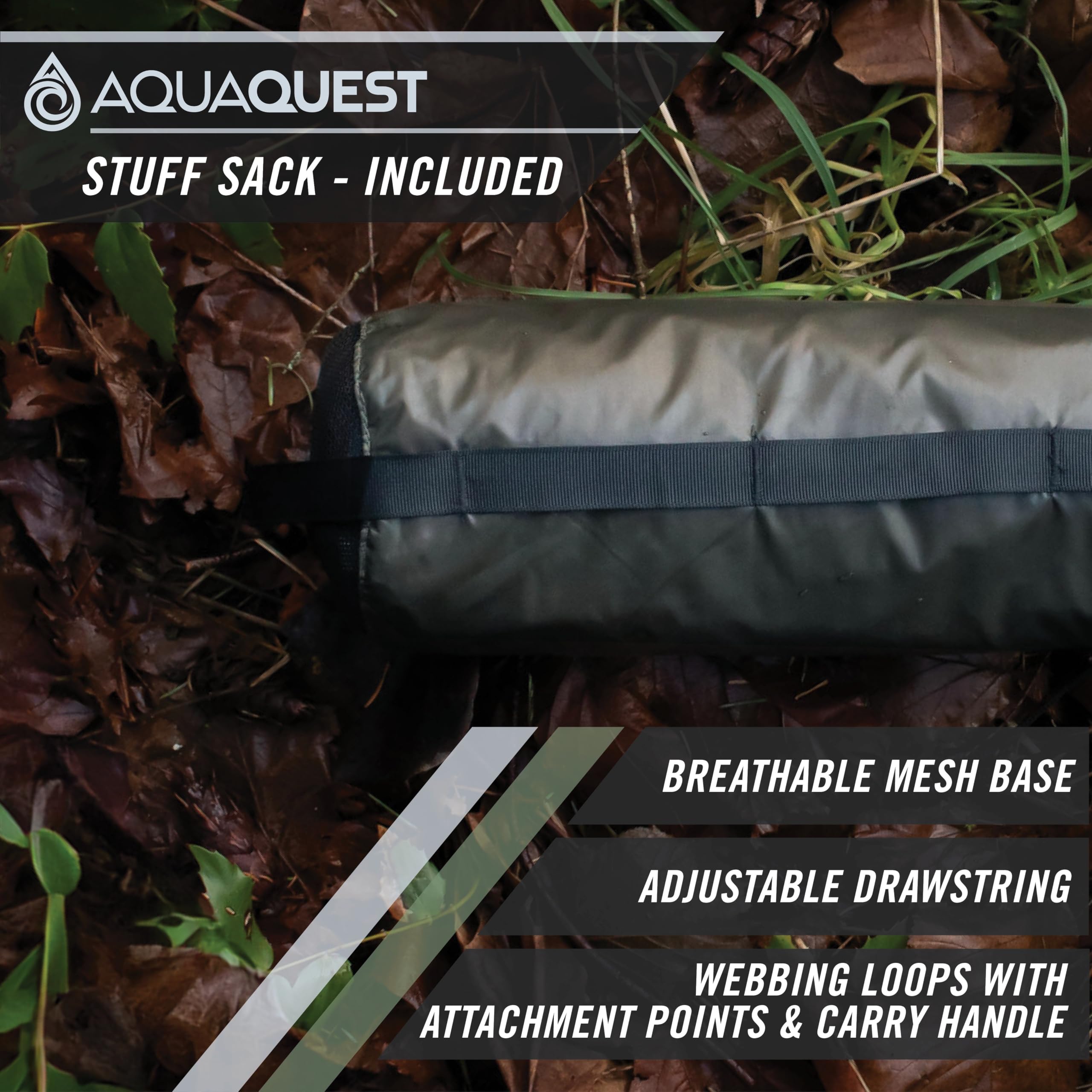 AquaQuest tarp pitched over hammock in forest showing shelter versatility and wind protection