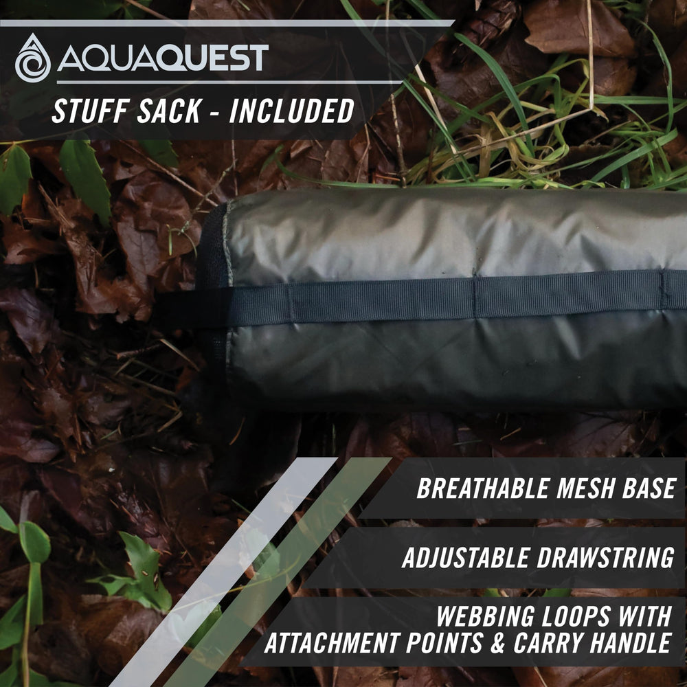 AquaQuest tarp pitched over hammock in forest showing shelter versatility and wind protection