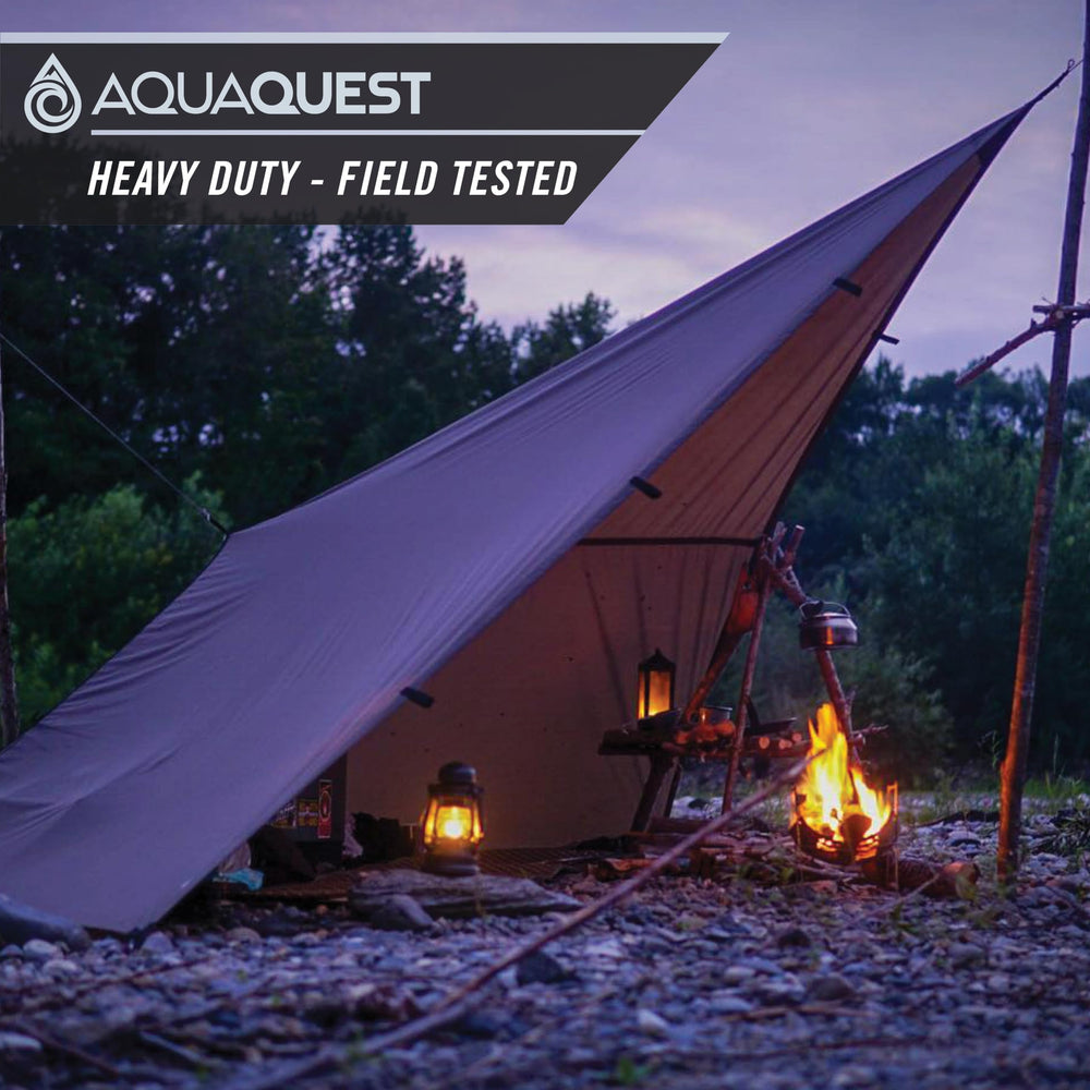 AquaQuest tarp in stuff sack illustrating compact packability and easy transport