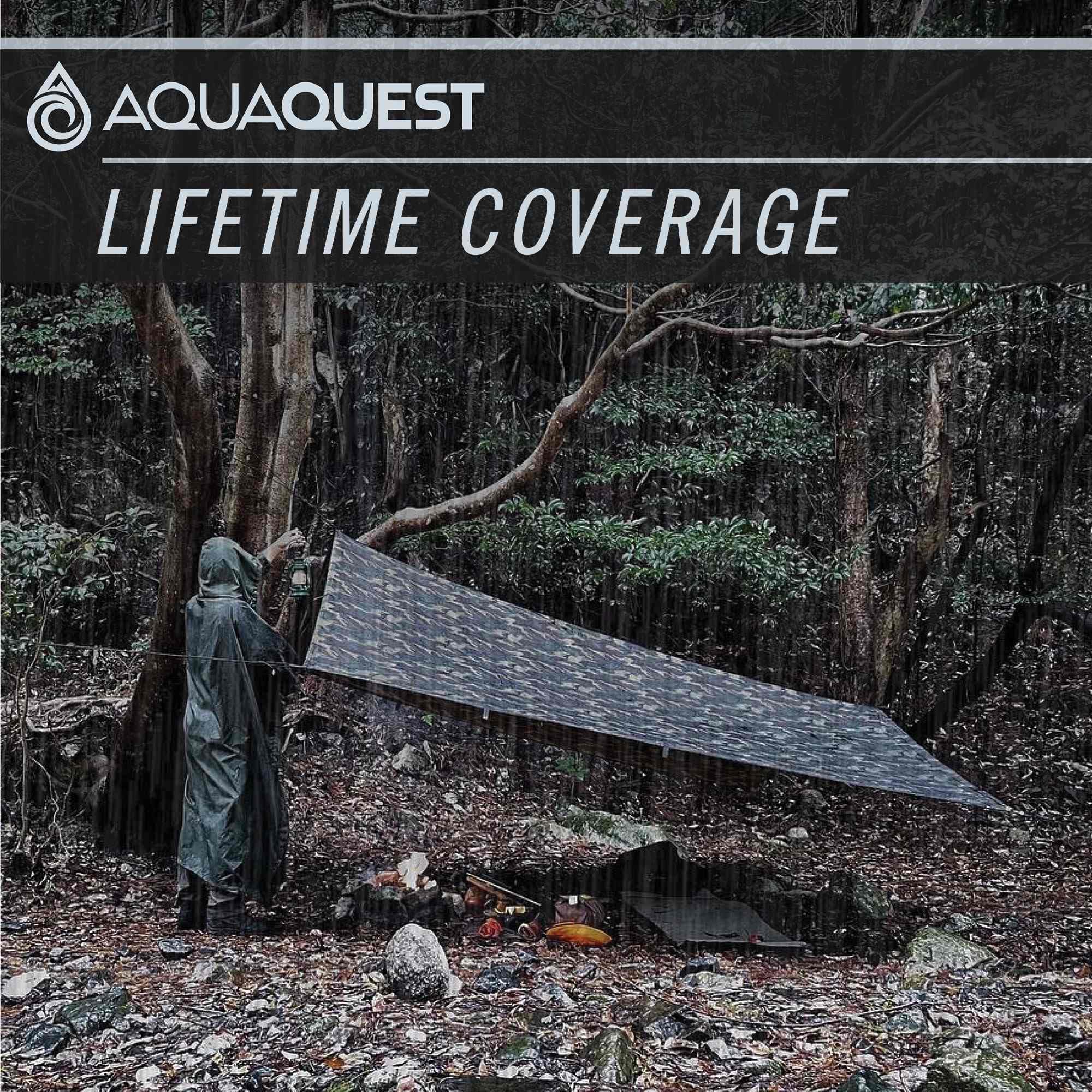AquaQuest tarp beside hiker showing finished size and real-world coverage