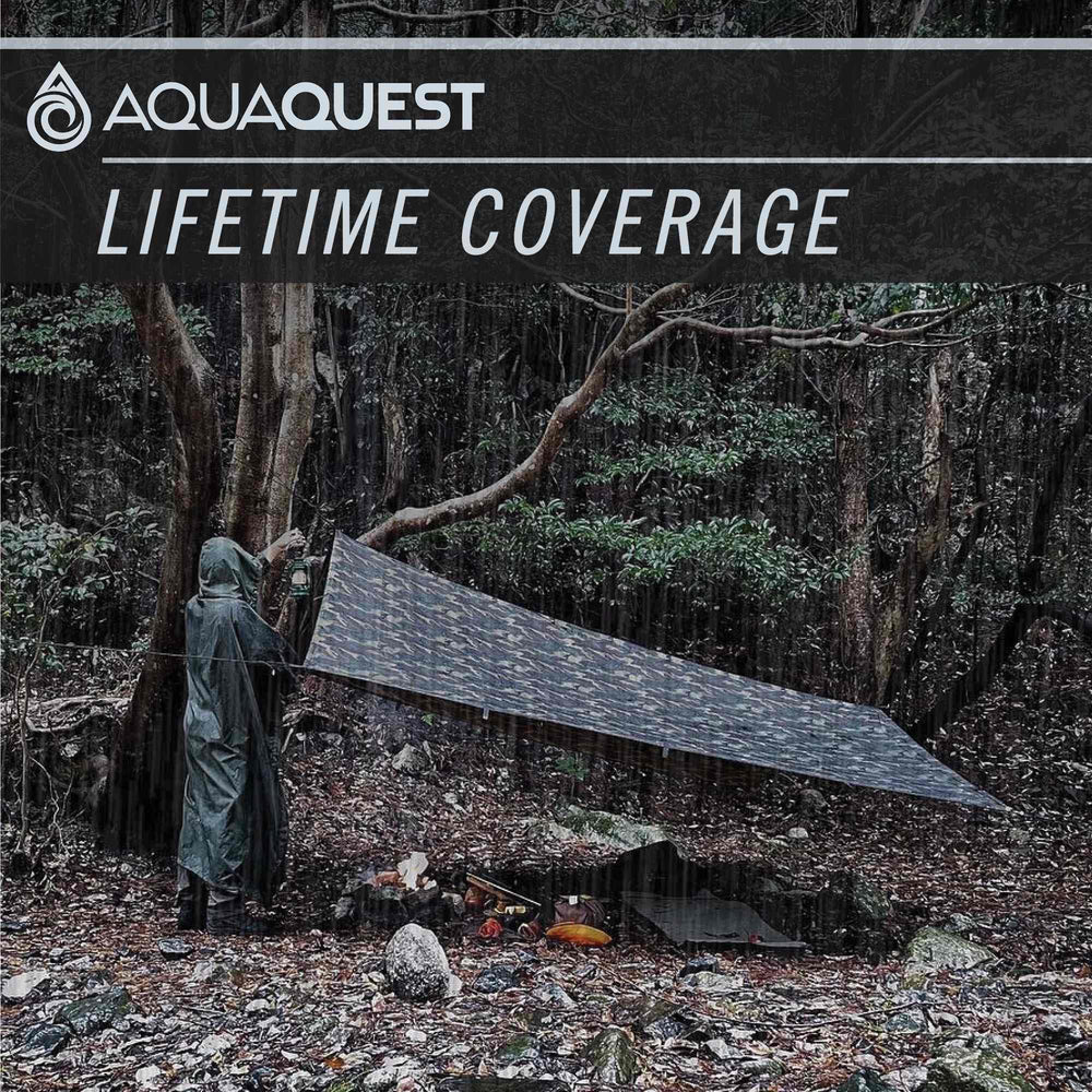 AquaQuest tarp beside hiker showing finished size and real-world coverage
