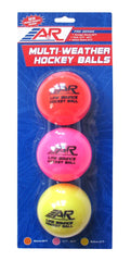 A&R Sports front view of three low-bounce hockey balls showing colors and packaging for quick selection