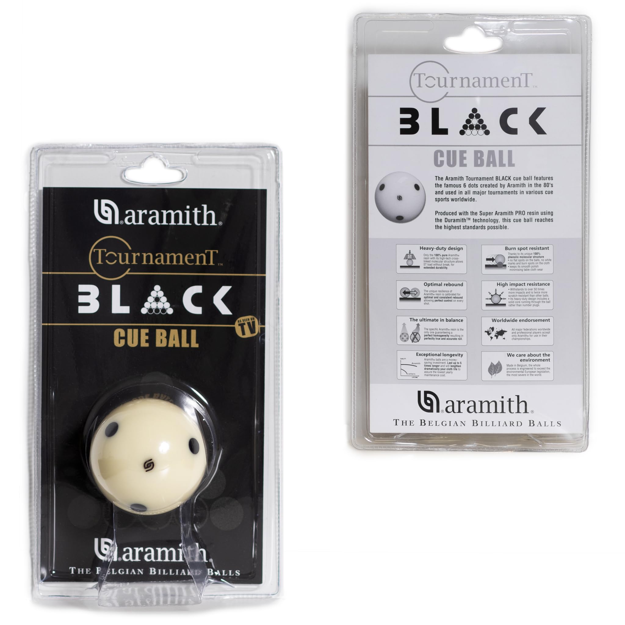 Aramith cue ball in use during break shot demonstrating consistent rebound