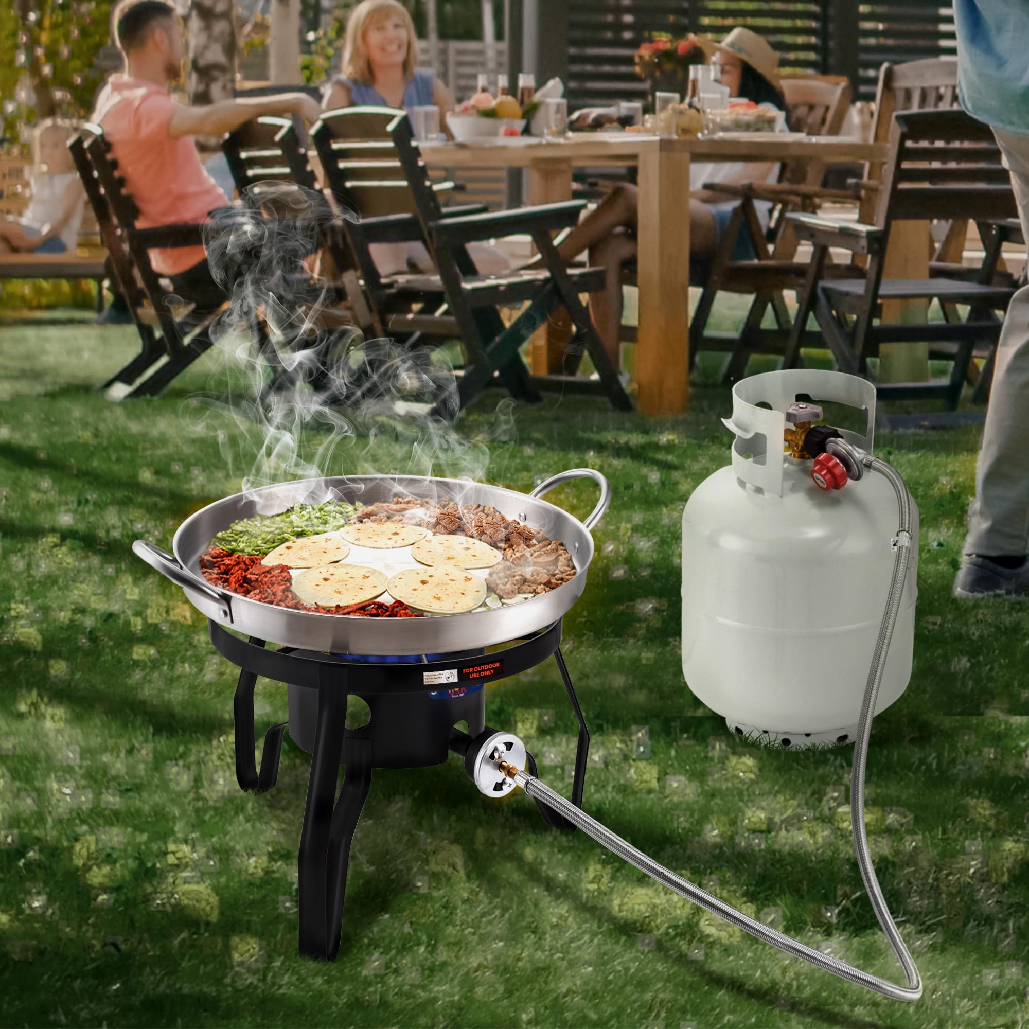ARC Advanced Royal Champion regulator and 47-inch braided hose demonstrating secure propane connection