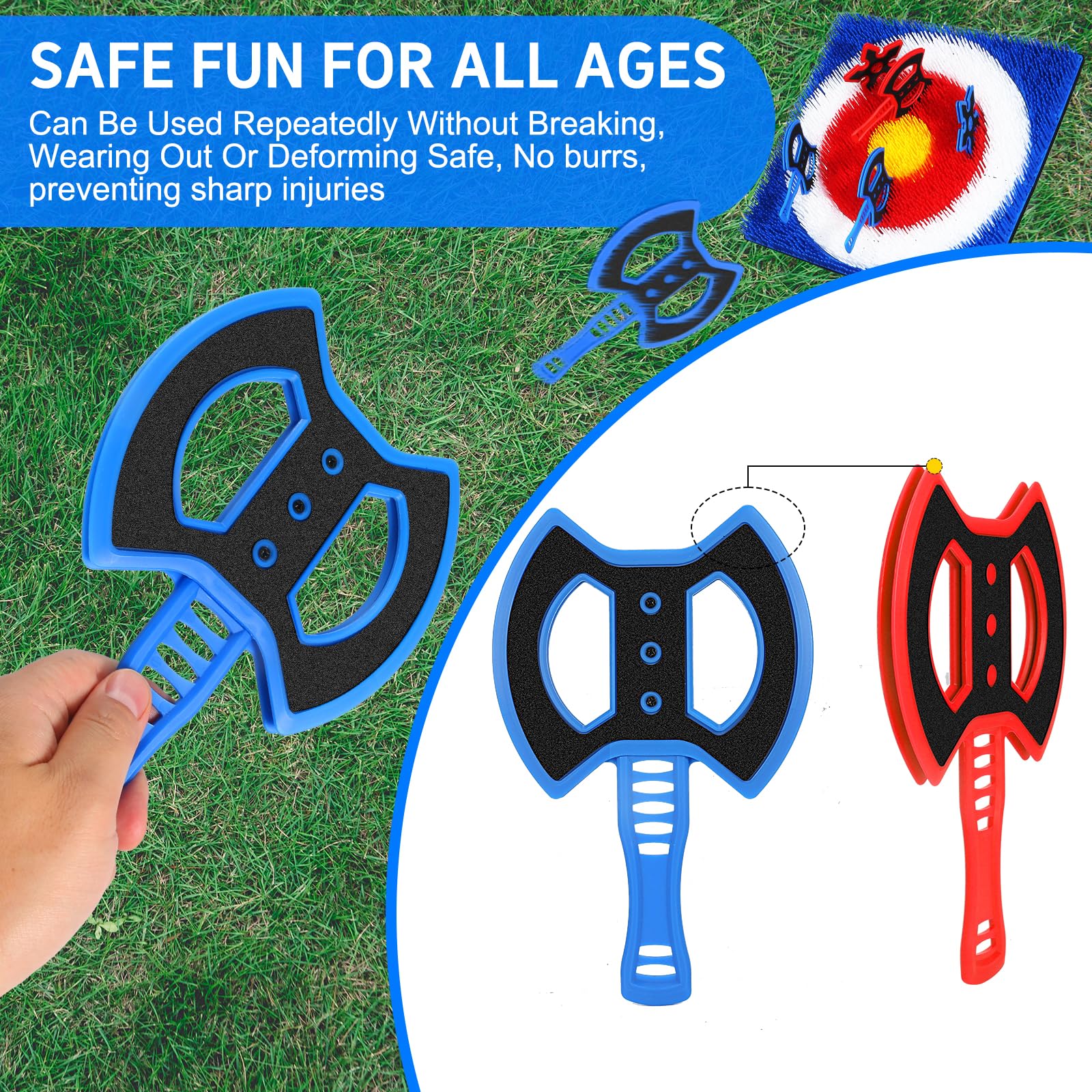 ARCUAT axes lodged in a bristle target demonstrating reliable sticking performance