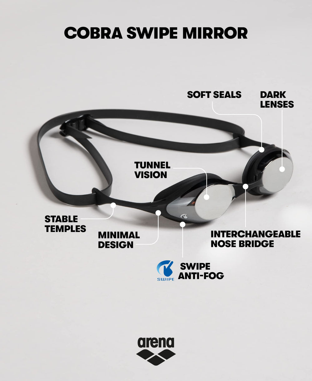 ARENA Cobra closeup of mirrored polycarbonate lens with Swipe anti‑fog benefit