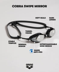 ARENA Cobra closeup of mirrored polycarbonate lens with Swipe anti‑fog benefit