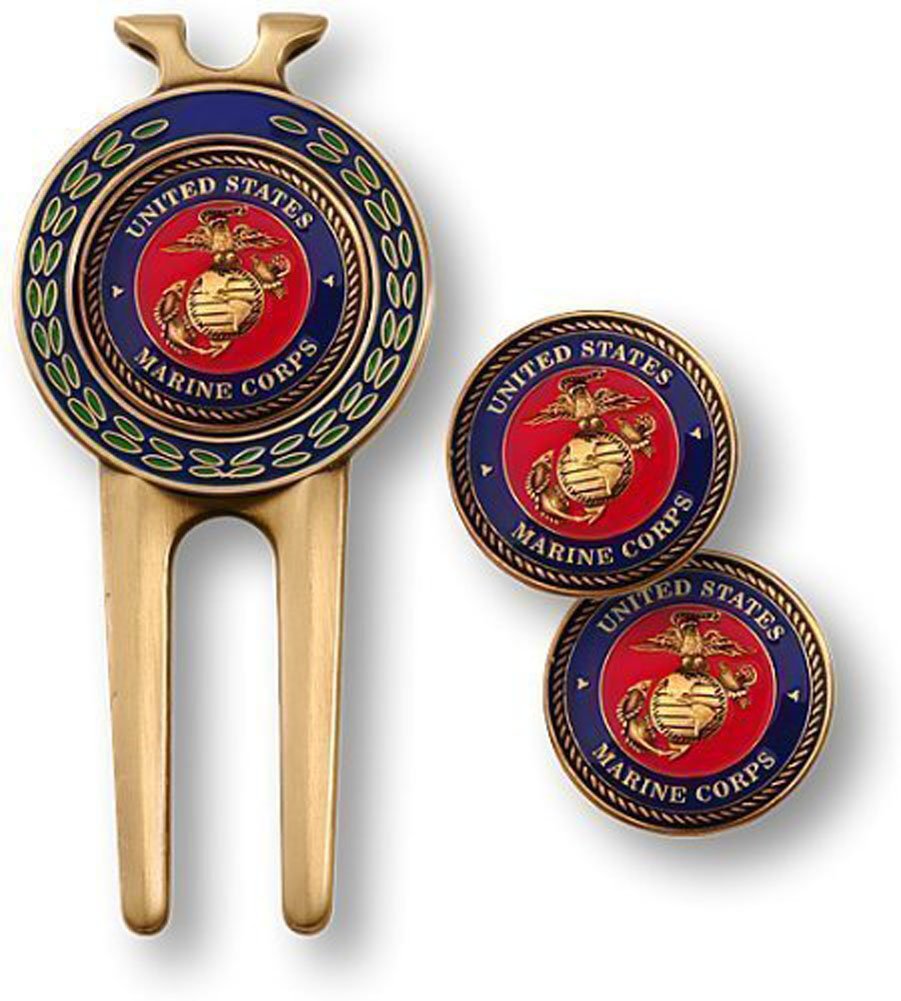 Armed Forces Depot divot tool front view showing brass finish and USMC insignia, durable and precise