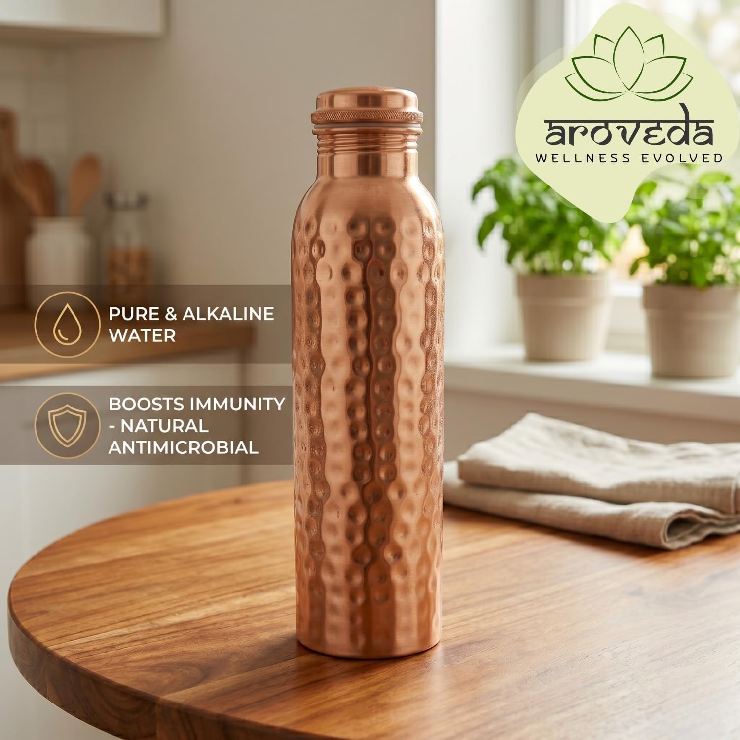 AROVEDA bottle on a yoga mat showing wellness ritual convenience