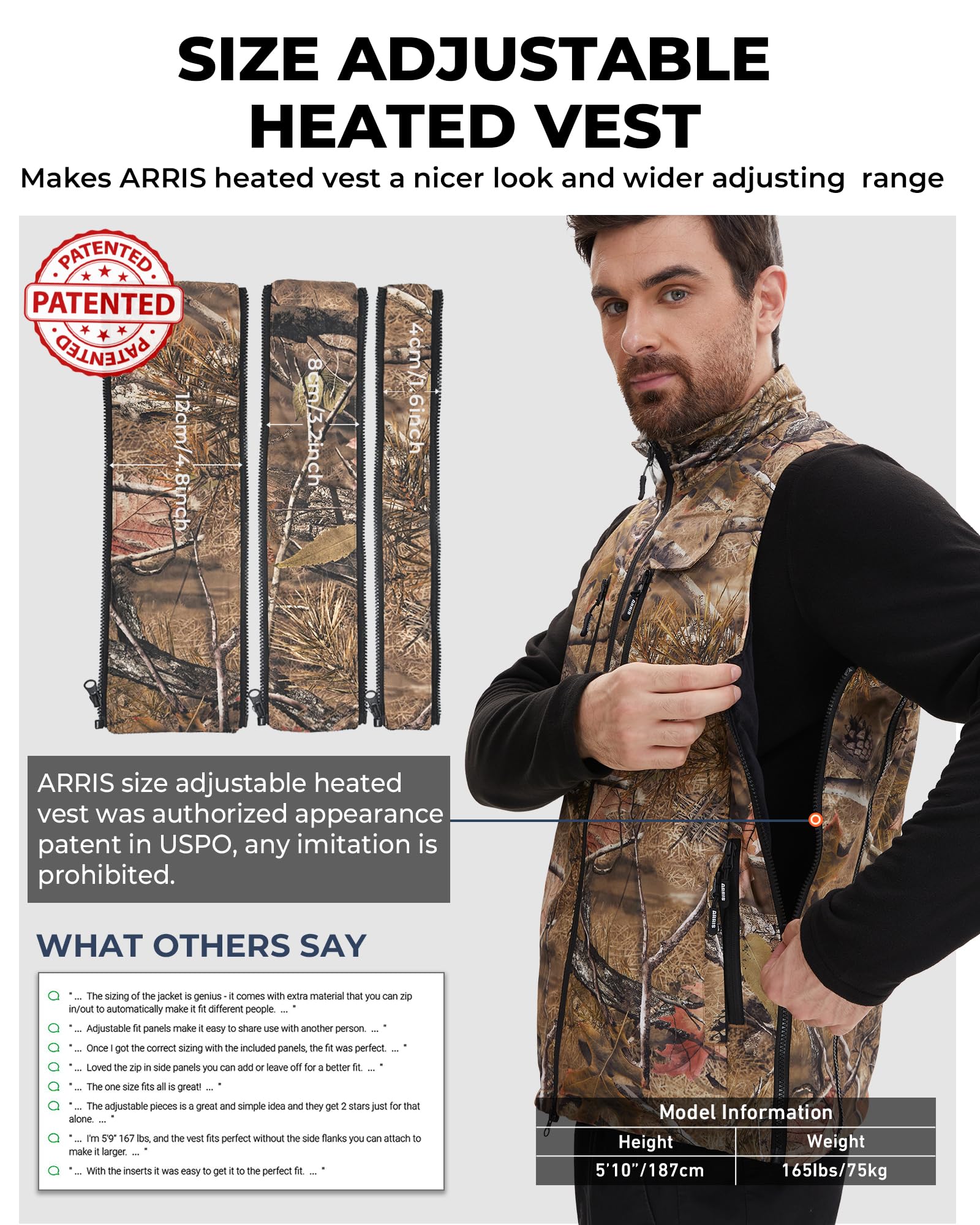 ARRIS vest battery and controller shown, emphasizing portable rechargeable convenience