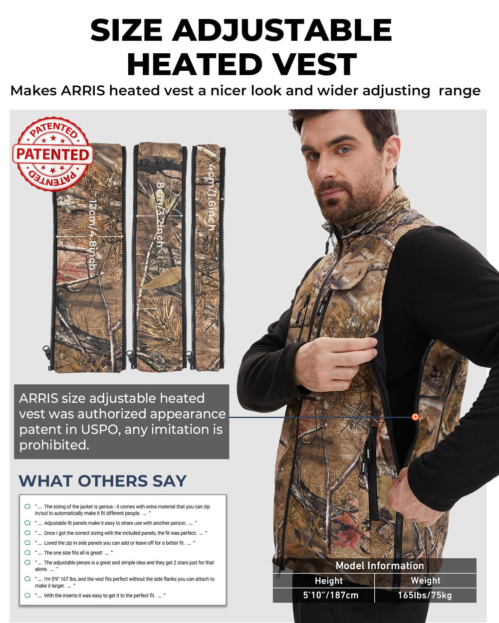 ARRIS vest battery and controller shown, emphasizing portable rechargeable convenience