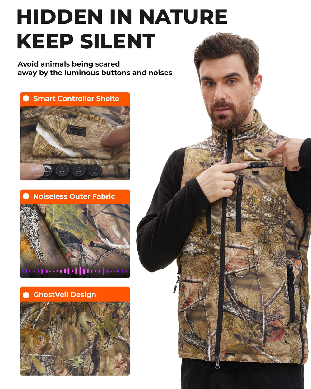 ARRIS vest in use by hunter in woods demonstrating mobility and concealment benefit