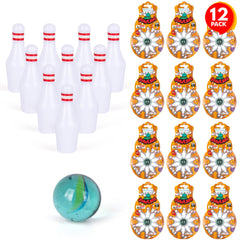 ArtCreativity front packaging showing 12 blister-card mini bowling sets and easy distribution benefit