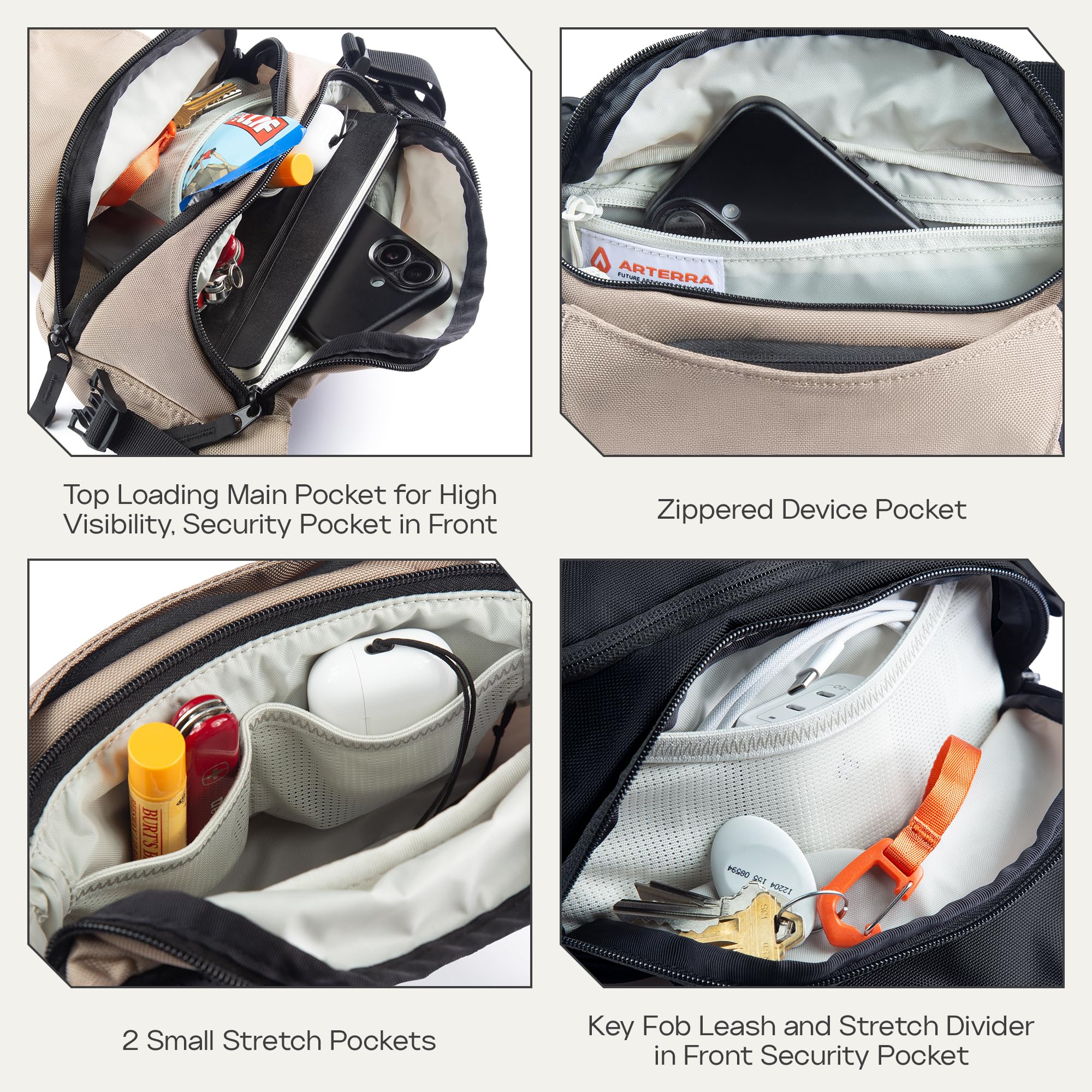 ARTERRA Falcon2L front pocket with stretch dividers organizing earbuds and charger