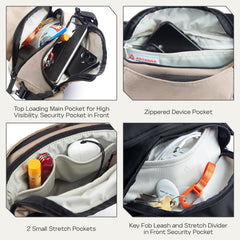 ARTERRA Falcon2L front pocket with stretch dividers organizing earbuds and charger