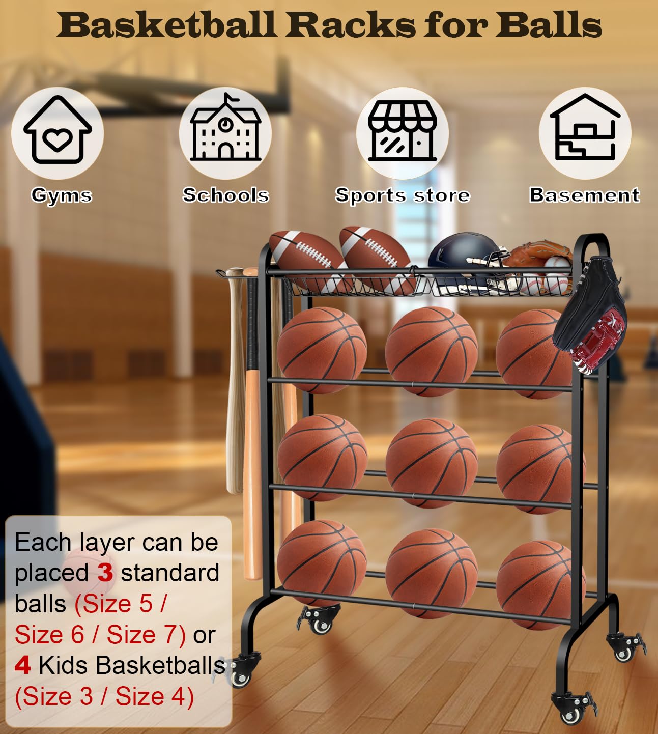 Artibear removable baskets filled with bats and balls showing versatile storage benefit